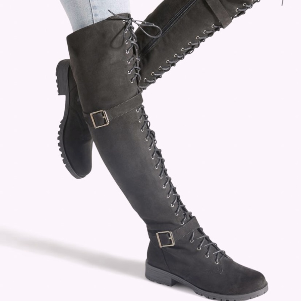 Justfab/shoe dazzle piper thigh high combat boots in grey womens size 11